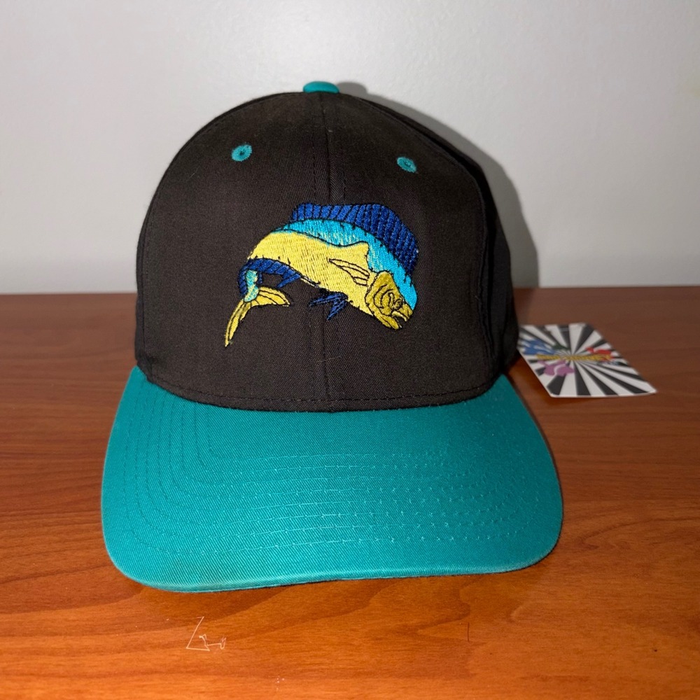 Yupoong Mahi Mahi Embroidered Snapback Hat Black Teal Fishing Cap OSFM NEW